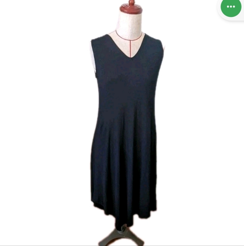 Eileen Fisher XXS Viscose Knit Jersey V-Neck Sleeveless Midi Dress BLACK